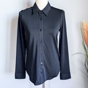 Mango, New, Luxe Black Satin Finish Jersey Button Front Shirt Top, Size XS